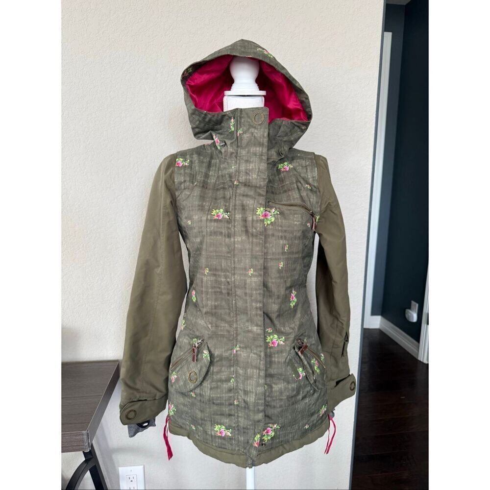 Roxy Green Rose Ski Snowboard Jacket XS Long Slim Coat